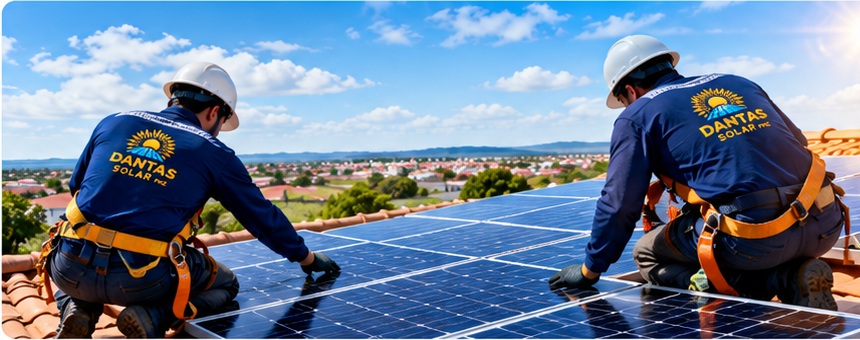 Equipe técnica da Dantas Solar PNZ instalando placas solares com uniforme oficial