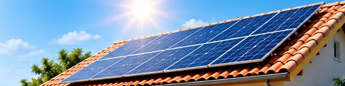 Telhado com placas solares instaladas